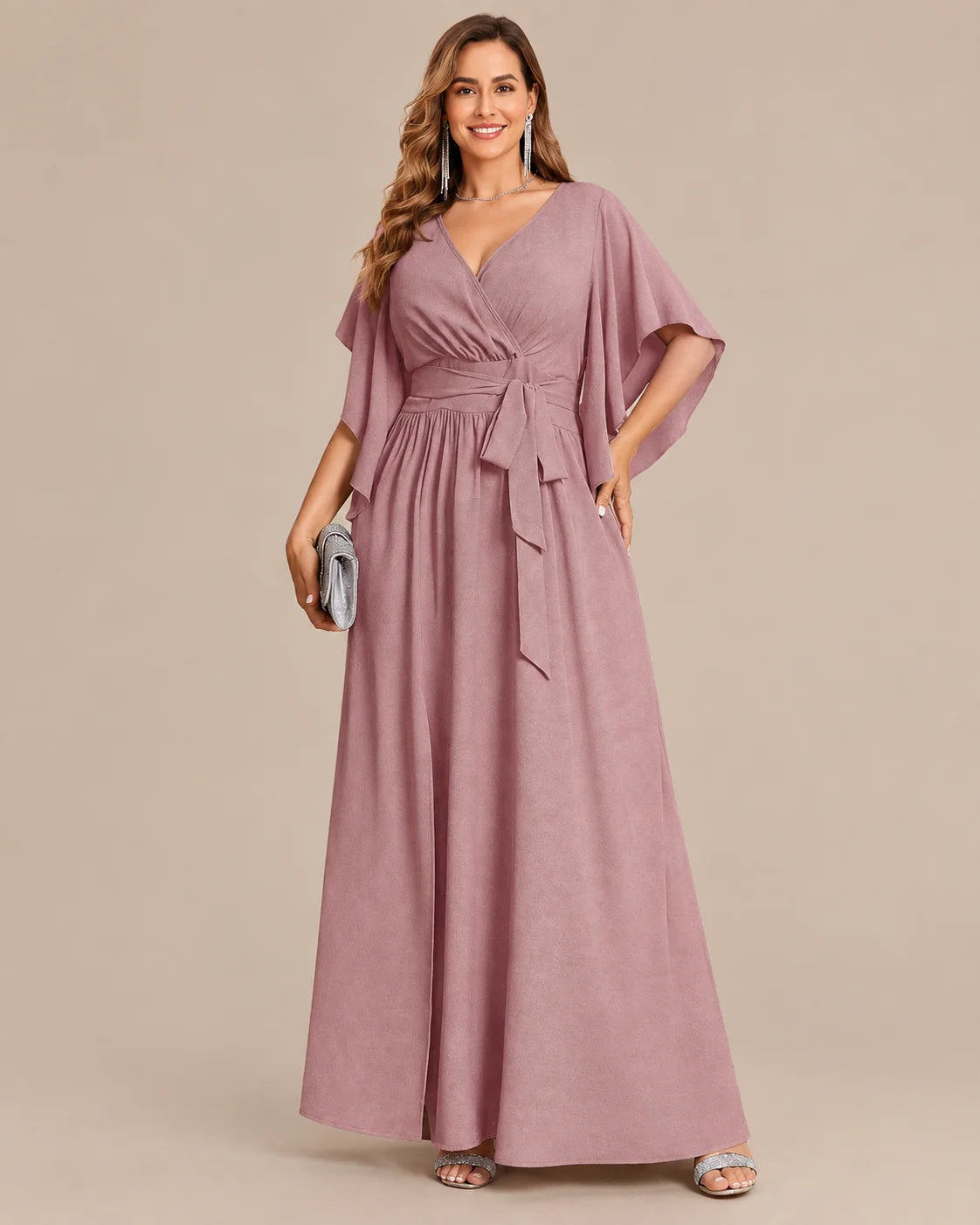 Plus Size Wrap V-Neck Flutter Sleeve Slit Maxi Dress | Oyese