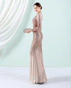 Deep V Long Sleeve Ombre Sequin Mermaid Evening Gown | Oyese