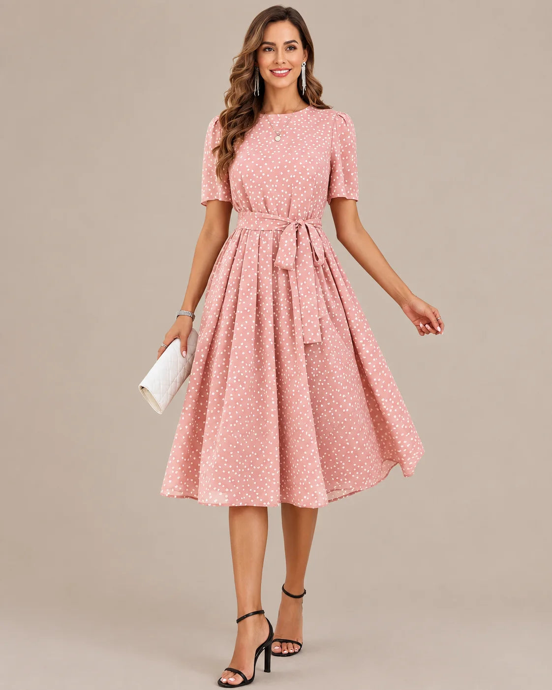 Polka Dot Tie Waist Fit-and-Flare Midi Dress | Oyese