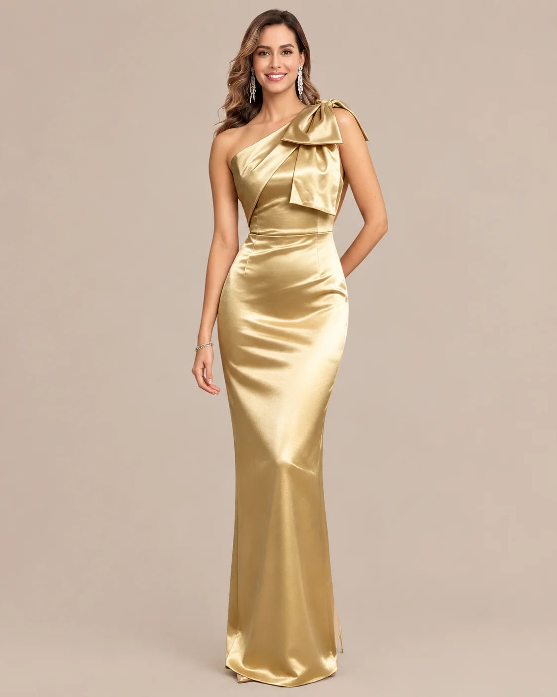One-Shoulder Bow Satin Mermaid Evening Gown | Oyese