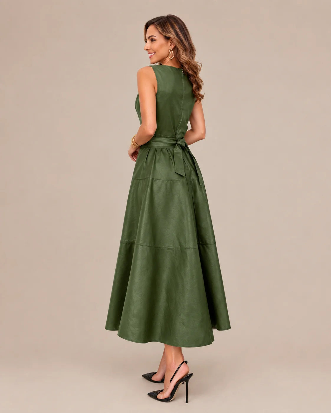 Sleeveless Faux Leather Belted A-Line Midi Dress | Oyese