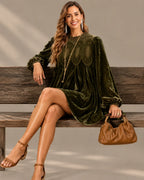 Velvet Lace Yoke Long Puff Sleeve Babydoll Mini Dress | Oyese