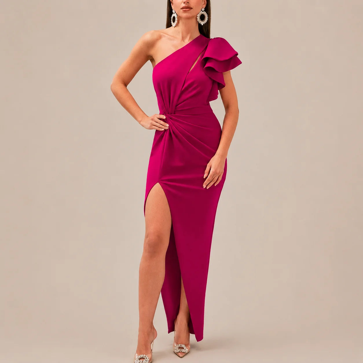 One Shoulder Ruffle Sleeve Cutout Maxi Dress – High Slit Formal Gown | Oyese
