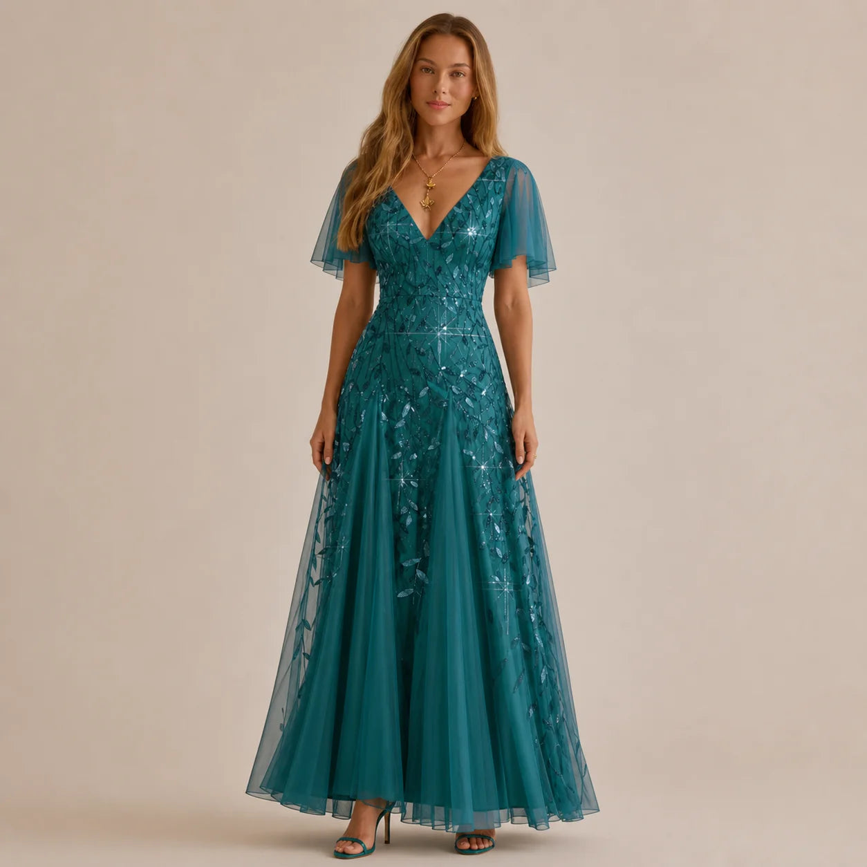 Deep V-Neck Sequin Tulle A-Line Gown – Flutter Sleeve Formal Evening Dress | Oyese