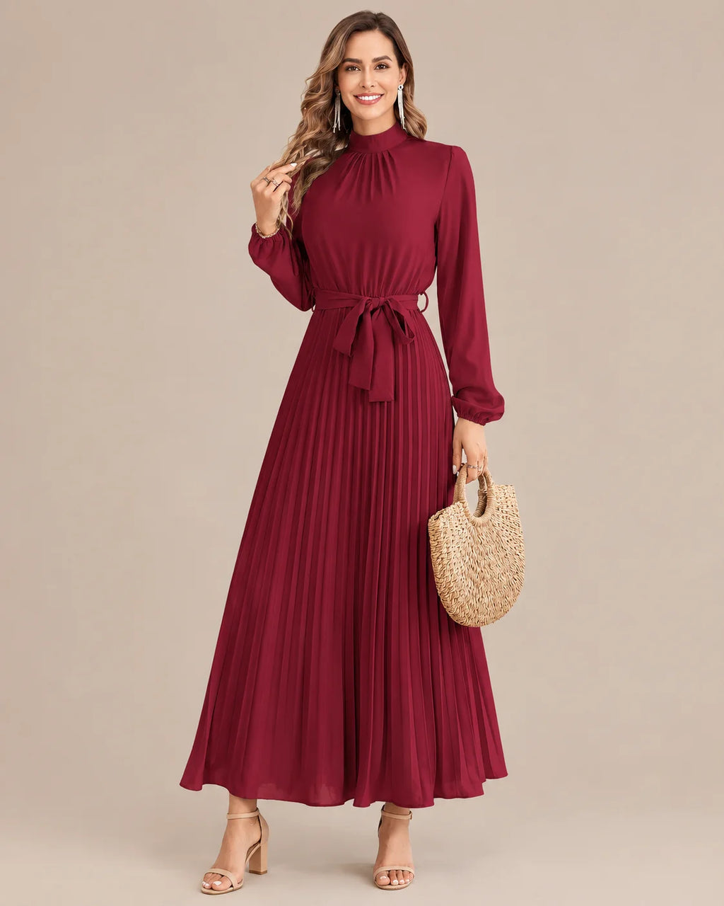 Ruffled Mock Neck Belted Pleated Midi Dress | Oyese