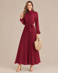 Ruffled Mock Neck Belted Pleated Midi Dress | Oyese