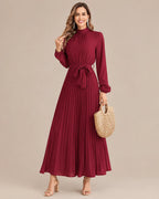 Ruffled Mock Neck Belted Pleated Midi Dress | Oyese
