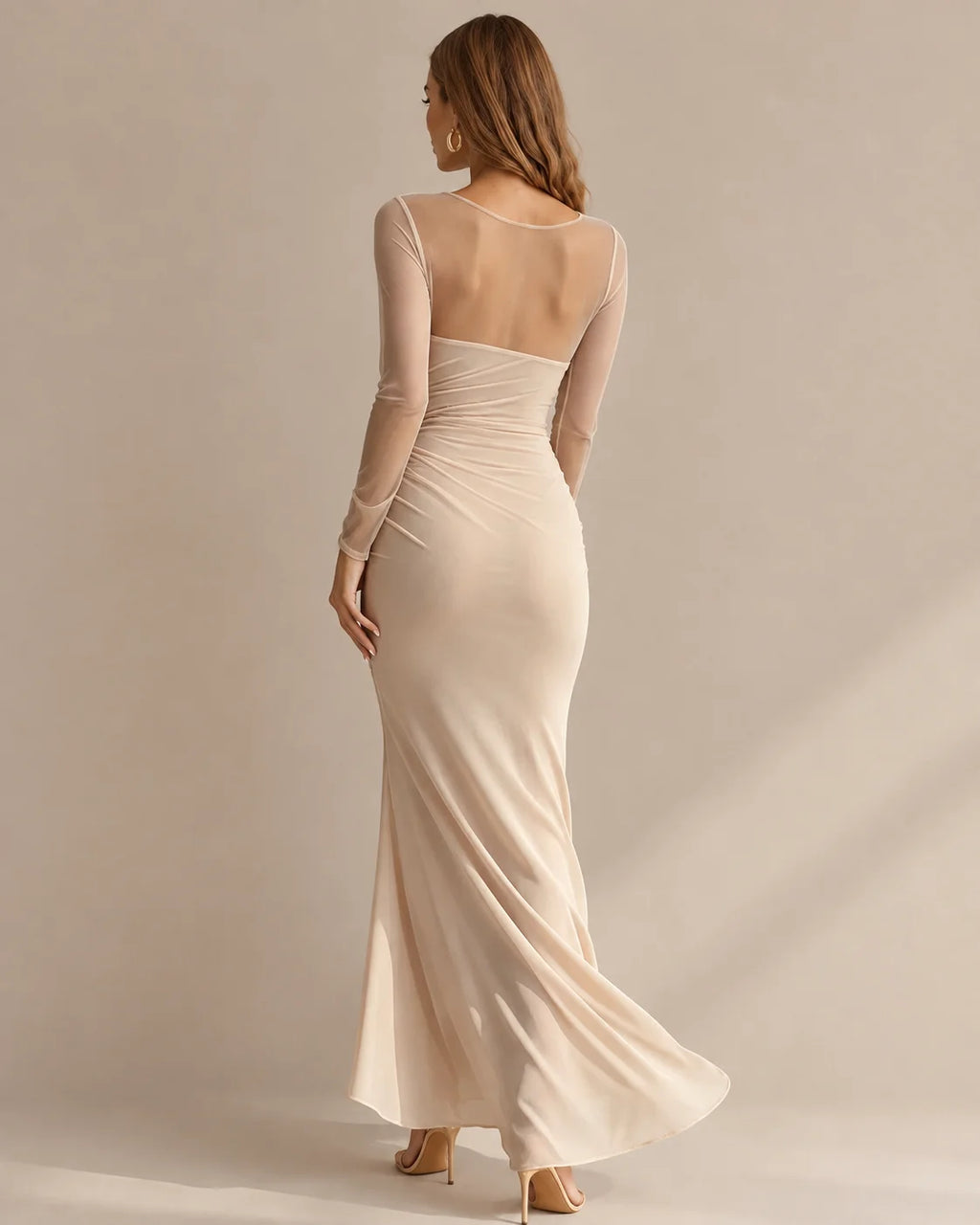 Illusion Neckline Sheer Sleeve Side Ruched Maxi Dress with Slit | Oyese