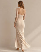 Illusion Neckline Sheer Sleeve Side Ruched Maxi Dress with Slit | Oyese