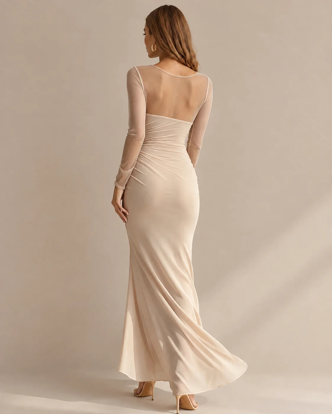 Illusion Neckline Sheer Sleeve Side Ruched Maxi Dress with Slit | Oyese