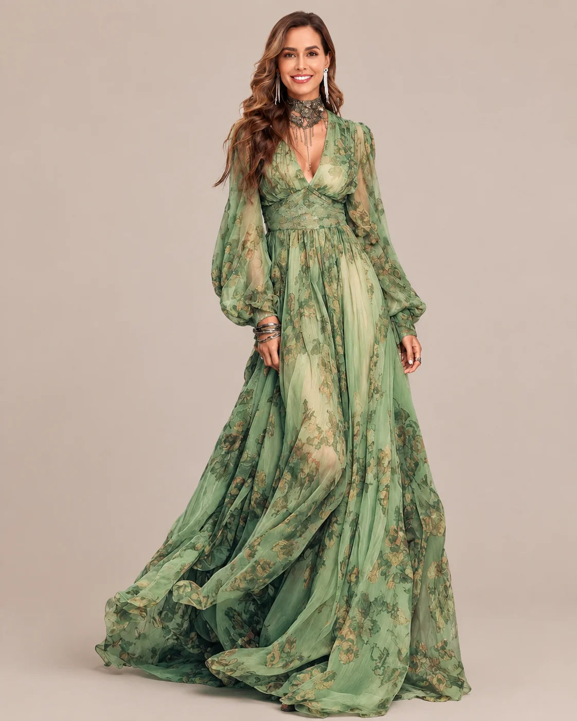 Floral V-Neck Puff Sleeve Smocked Maxi Dress | Oyese