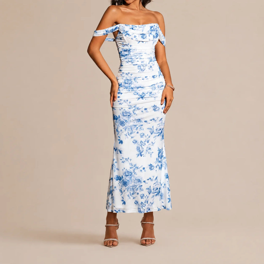 Off-Shoulder Ruched Mesh Bodycon Maxi Dress – Mermaid Evening Gown | Oyese