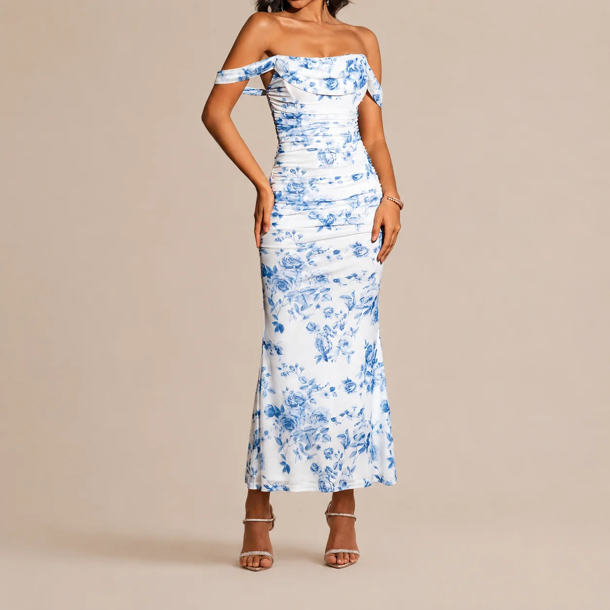 Off-Shoulder Ruched Mesh Bodycon Maxi Dress – Mermaid Evening Gown | Oyese