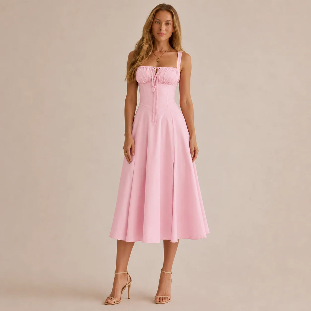 Square Neck Tie Front A-Line Midi Dress – Floral & Solid Summer Dress | Oyese