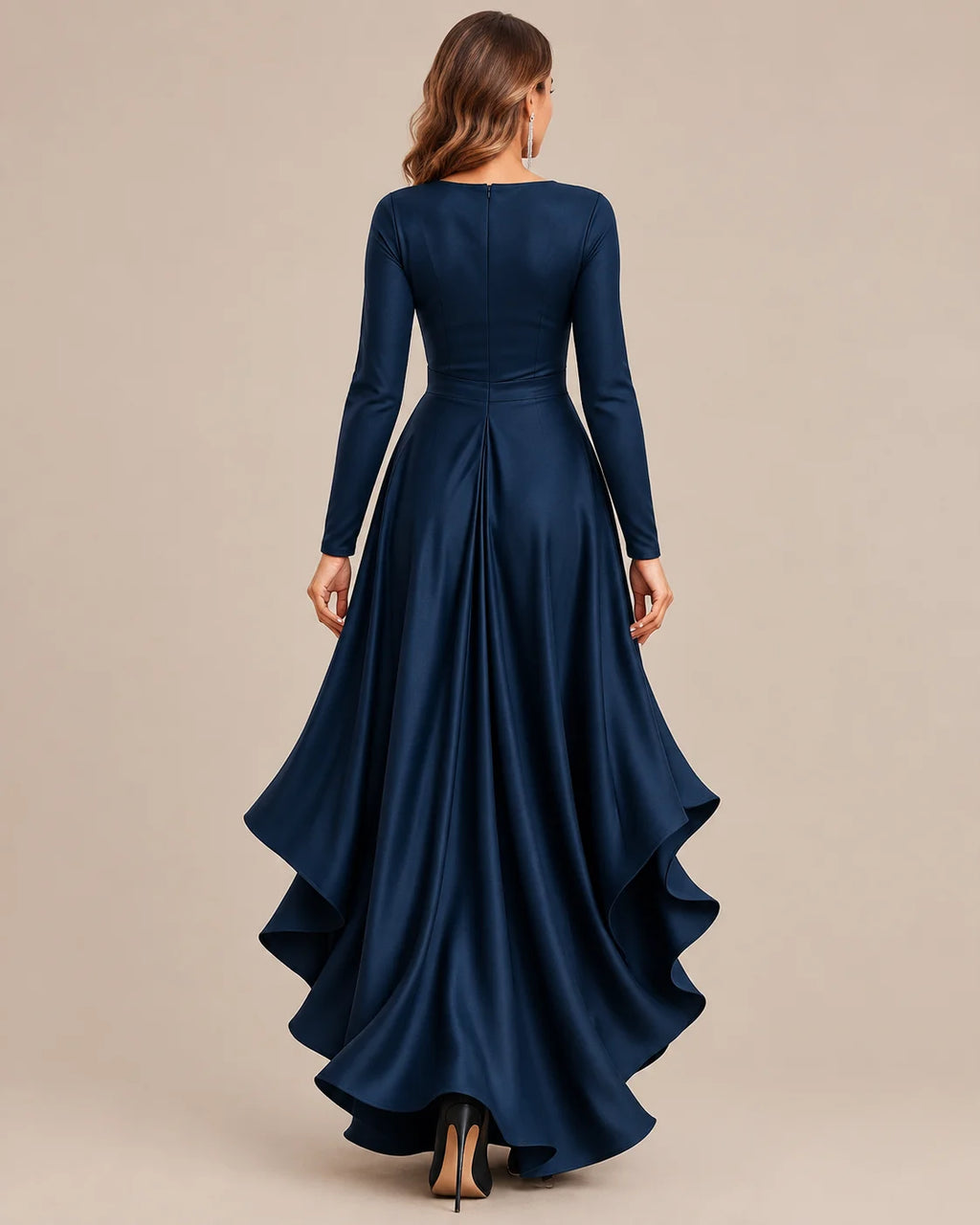 V-Neck Wrap Belted Satin High-Low Ruffle Dress | Oyese