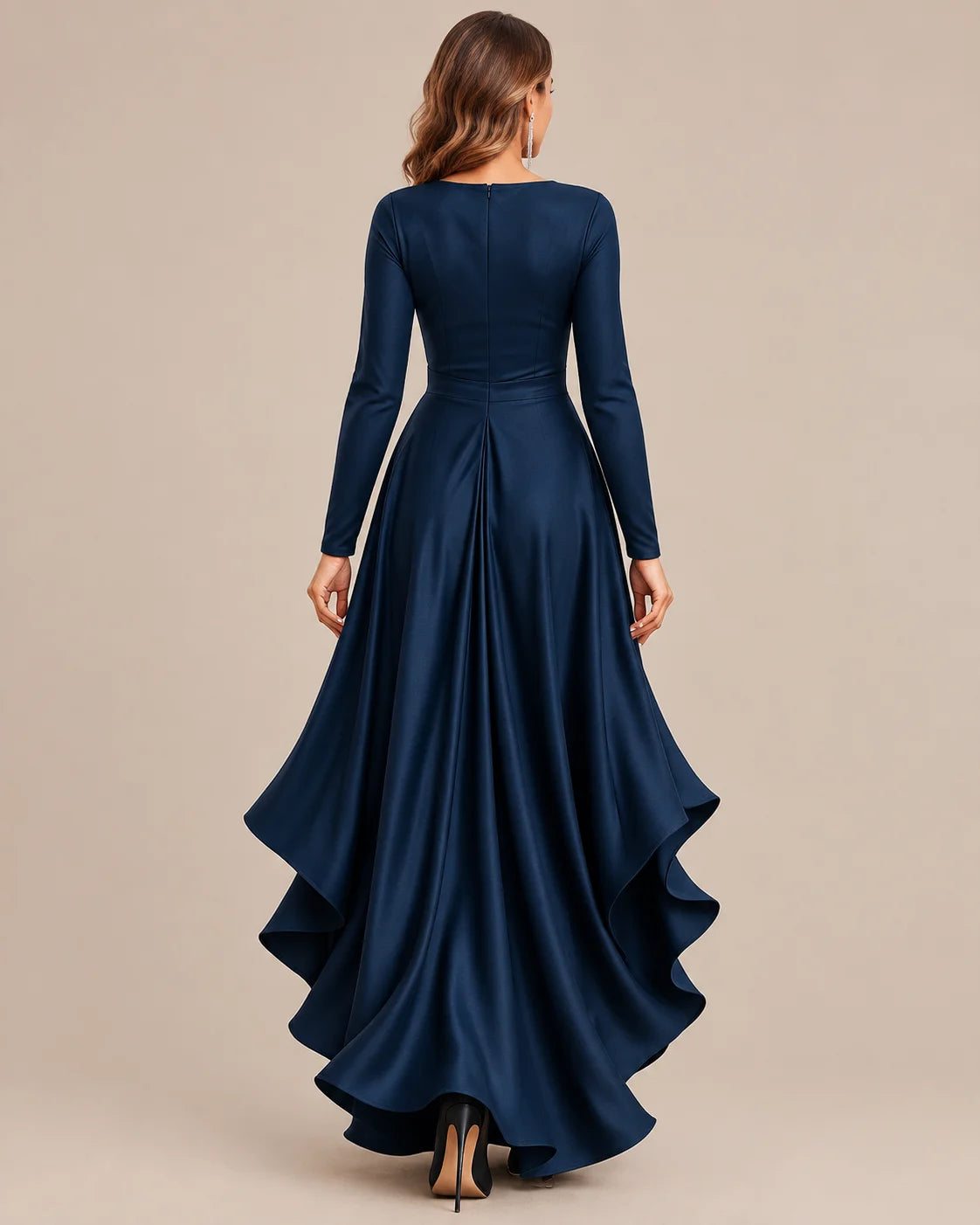 V-Neck Wrap Belted Satin High-Low Ruffle Dress | Oyese