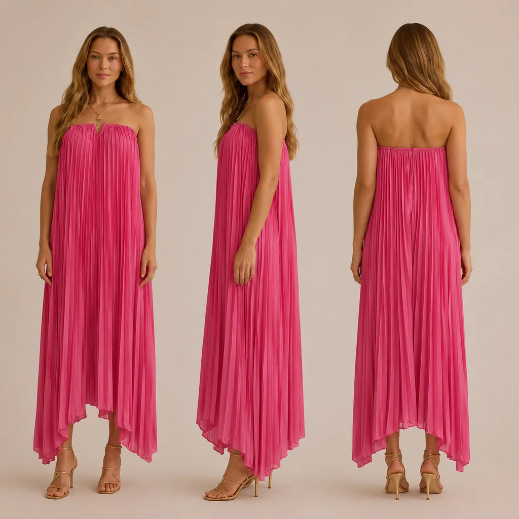 Strapless Pleated Maxi Gown – V-Notch Accordion Pleat Formal Dress | Oyese