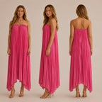Strapless Pleated Maxi Gown – V-Notch Accordion Pleat Formal Dress | Oyese