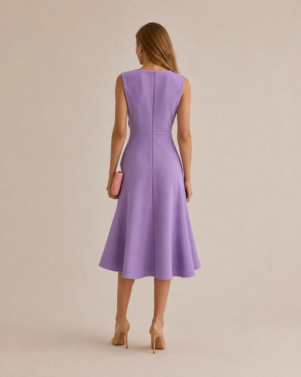 Twisted Knot Waist Midi Dress – Sleeveless Round Neck Office Dress | Oyese