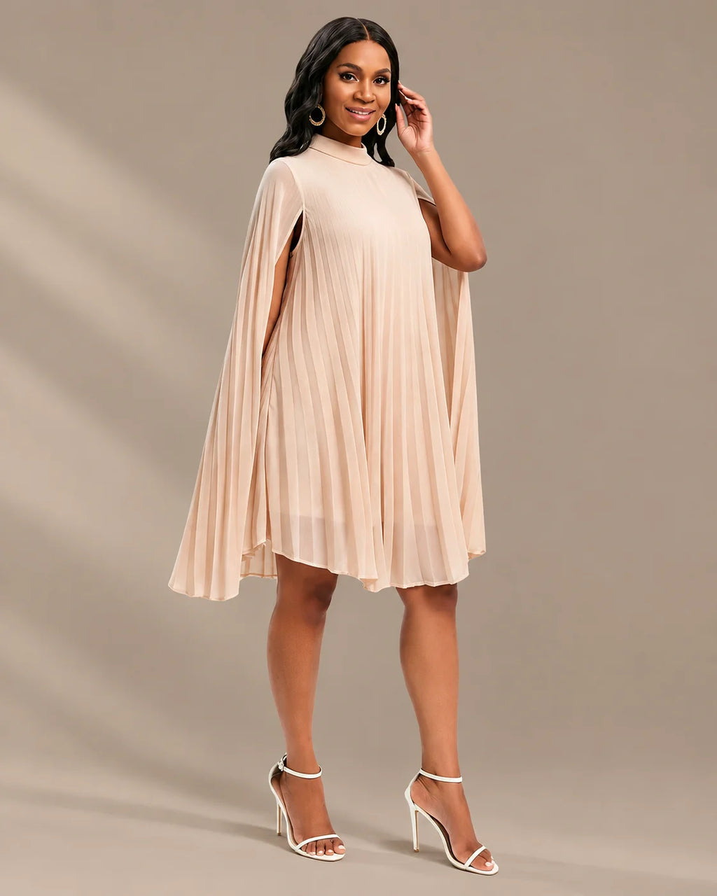 Mock Neck Pleated Chiffon Cape Shift Dress | Oyese