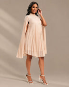 Mock Neck Pleated Chiffon Cape Shift Dress | Oyese