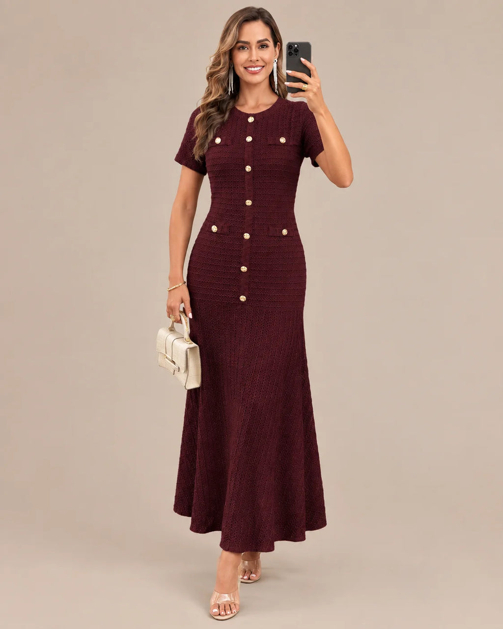 Textured Tweed Button Front Fitted Flare Midi Dress | Oyese