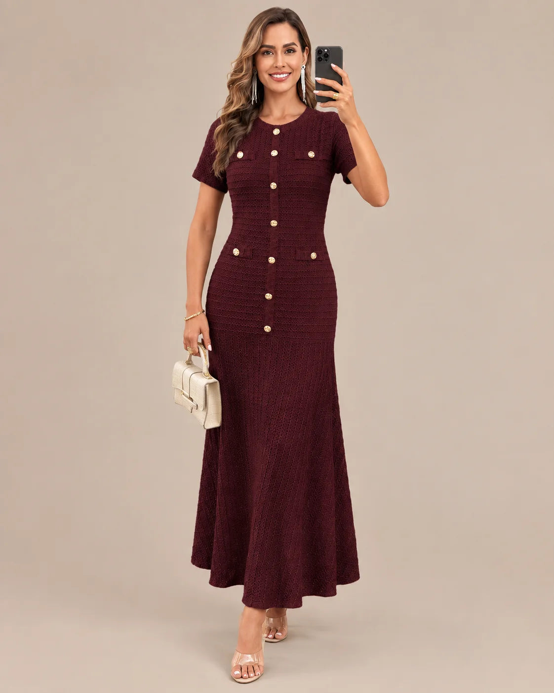Textured Tweed Button Front Fitted Flare Midi Dress | Oyese