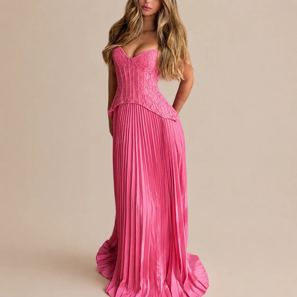 Lace Corset Halter Maxi Dress – Pleated A-Line Backless Formal Gown | Oyese
