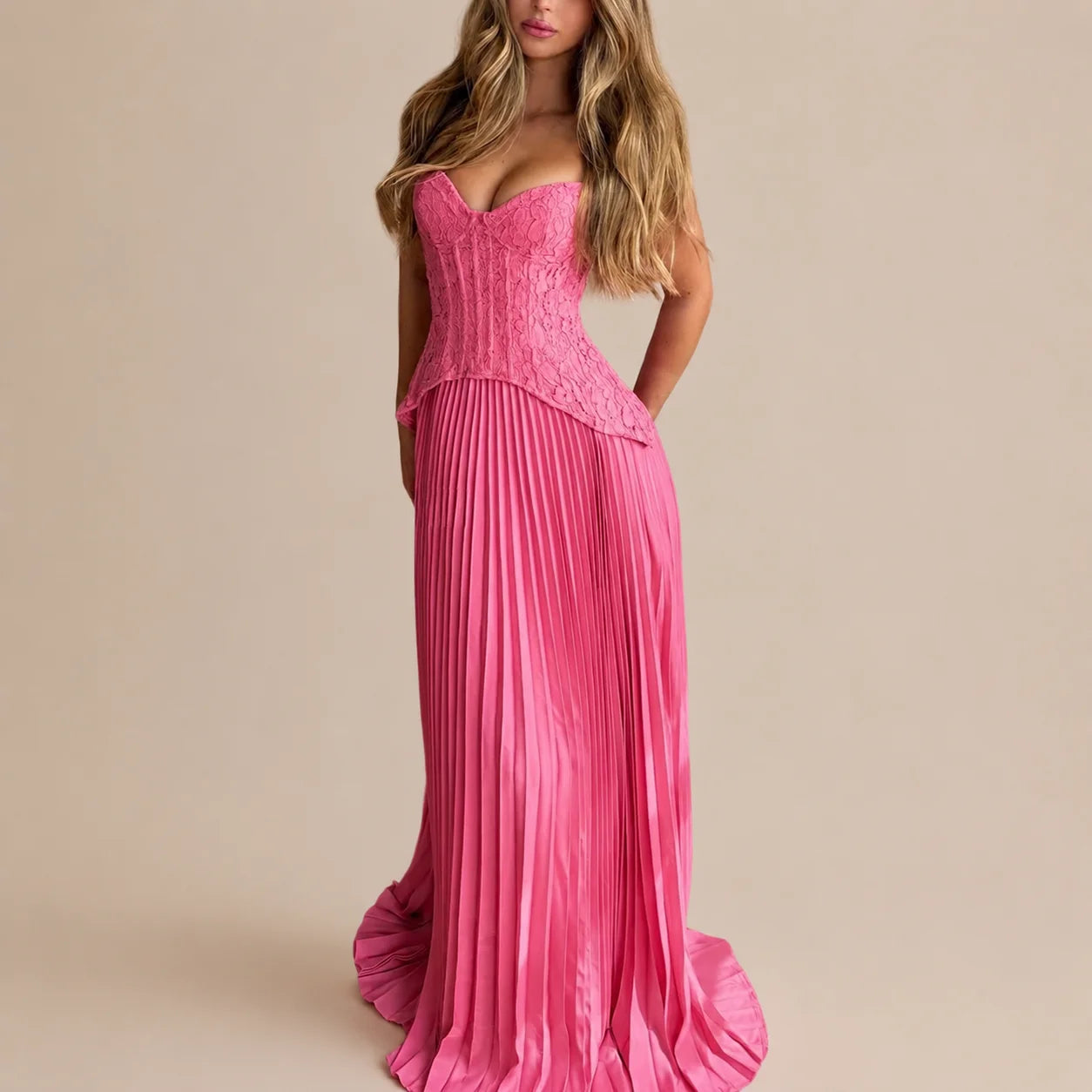 Lace Corset Halter Maxi Dress – Pleated A-Line Backless Formal Gown | Oyese