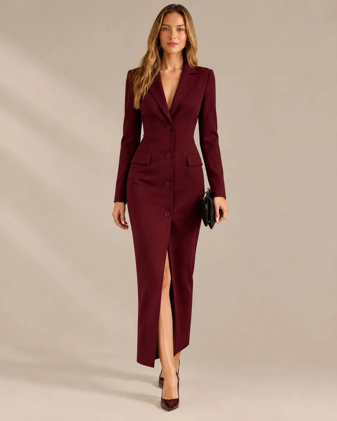Single-Breasted Long Sleeve Fitted Longline Blazer Dress with Front Slit | Oyese