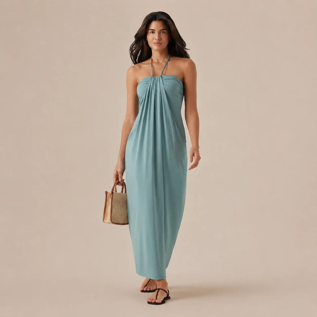 Halter Tie Gathered Maxi Dress with Pockets – Relaxed Summer Drape | Oyese