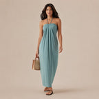 Halter Tie Gathered Maxi Dress with Pockets – Relaxed Summer Drape | Oyese