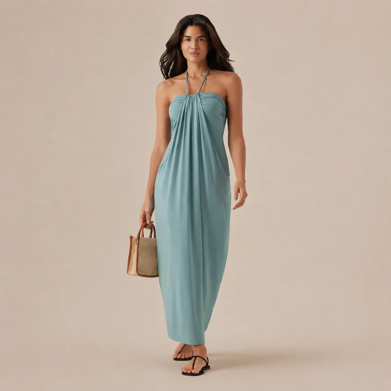 Halter Tie Gathered Maxi Dress with Pockets – Relaxed Summer Drape | Oyese