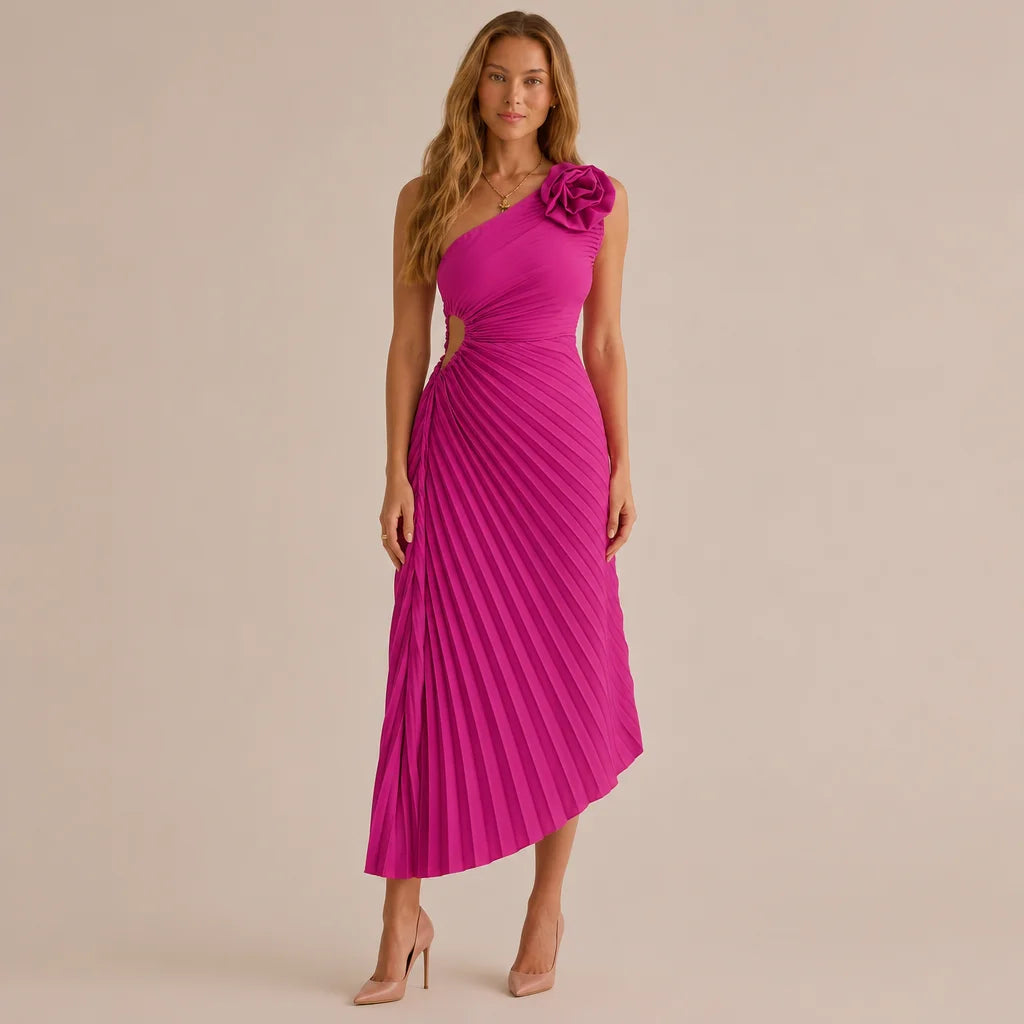 One Shoulder Rosette Pleated Maxi Dress – Cutout Waist Formal Gown | Oyese