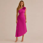 One Shoulder Rosette Pleated Maxi Dress – Cutout Waist Formal Gown | Oyese