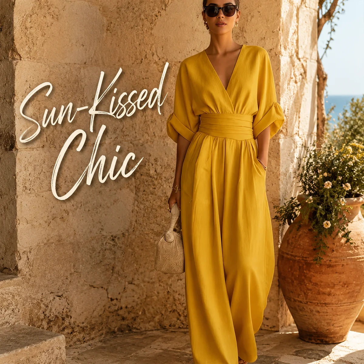 Woman in a yellow dress standing in front of a stone wall with 'Sun-Kissed Chic' text.