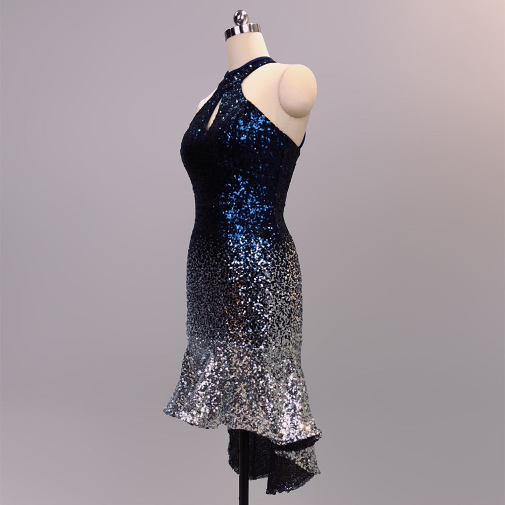 Halter Keyhole Ombre Sequin High-Low Mini Dress | Oyese