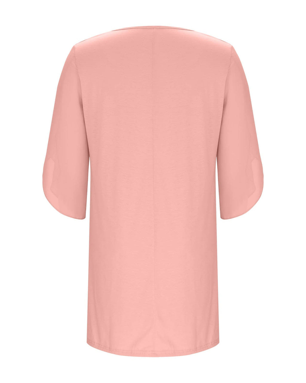 A light pink short-sleeve tunic top shown from the back, featuring a simple crew neck and a straight, relaxed silhouette, set against a plain white background.