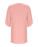 A light pink short-sleeve tunic top shown from the back, featuring a simple crew neck and a straight, relaxed silhouette, set against a plain white background.