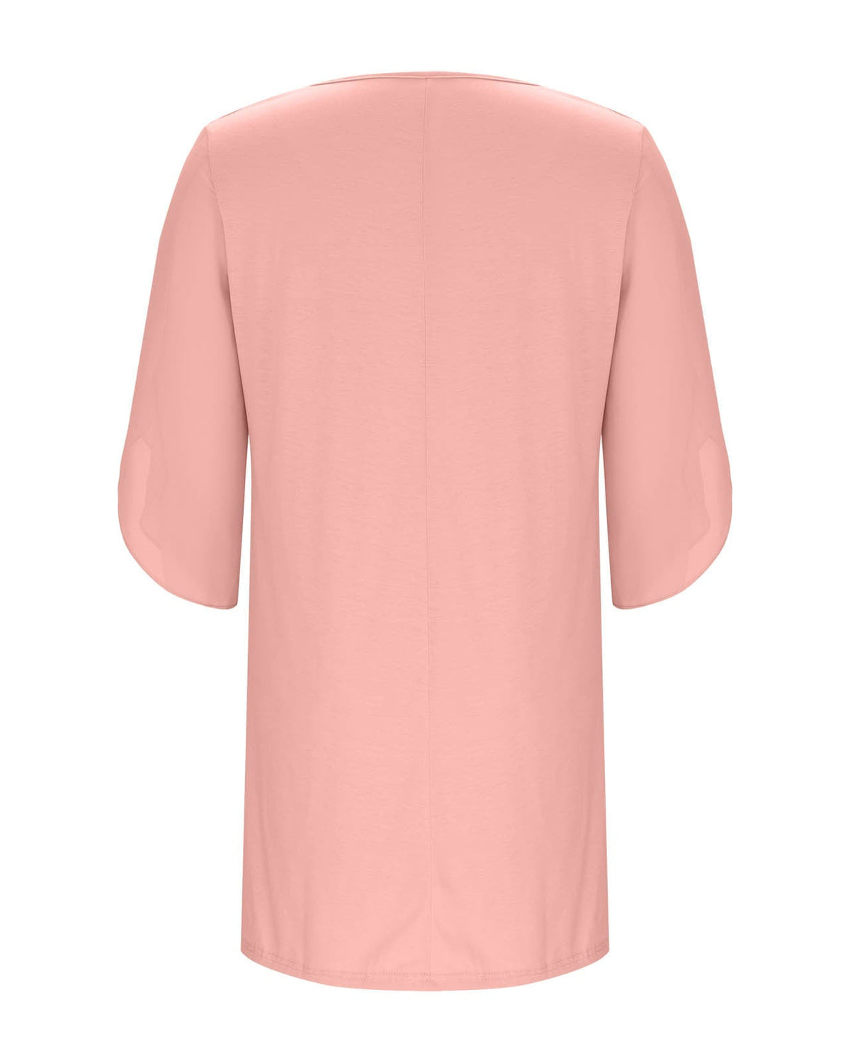 A light pink short-sleeve tunic top shown from the back, featuring a simple crew neck and a straight, relaxed silhouette, set against a plain white background.