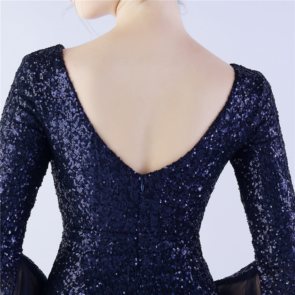 V-Neck Bell Sleeve Sequin Tulle Mermaid Evening Gown | Oyese