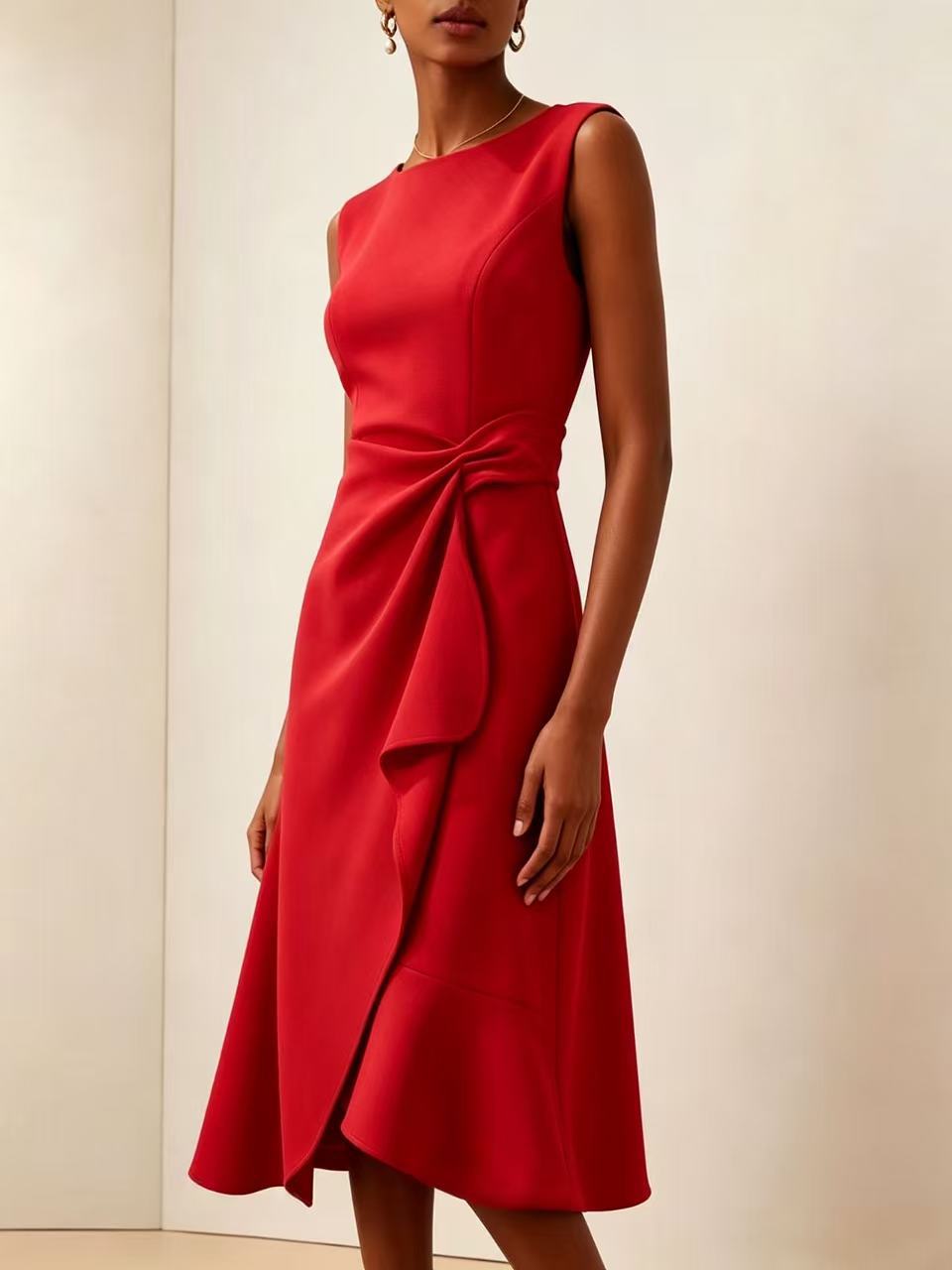 Twisted Knot Waist Midi Dress – Sleeveless Round Neck Office Dress | Oyese