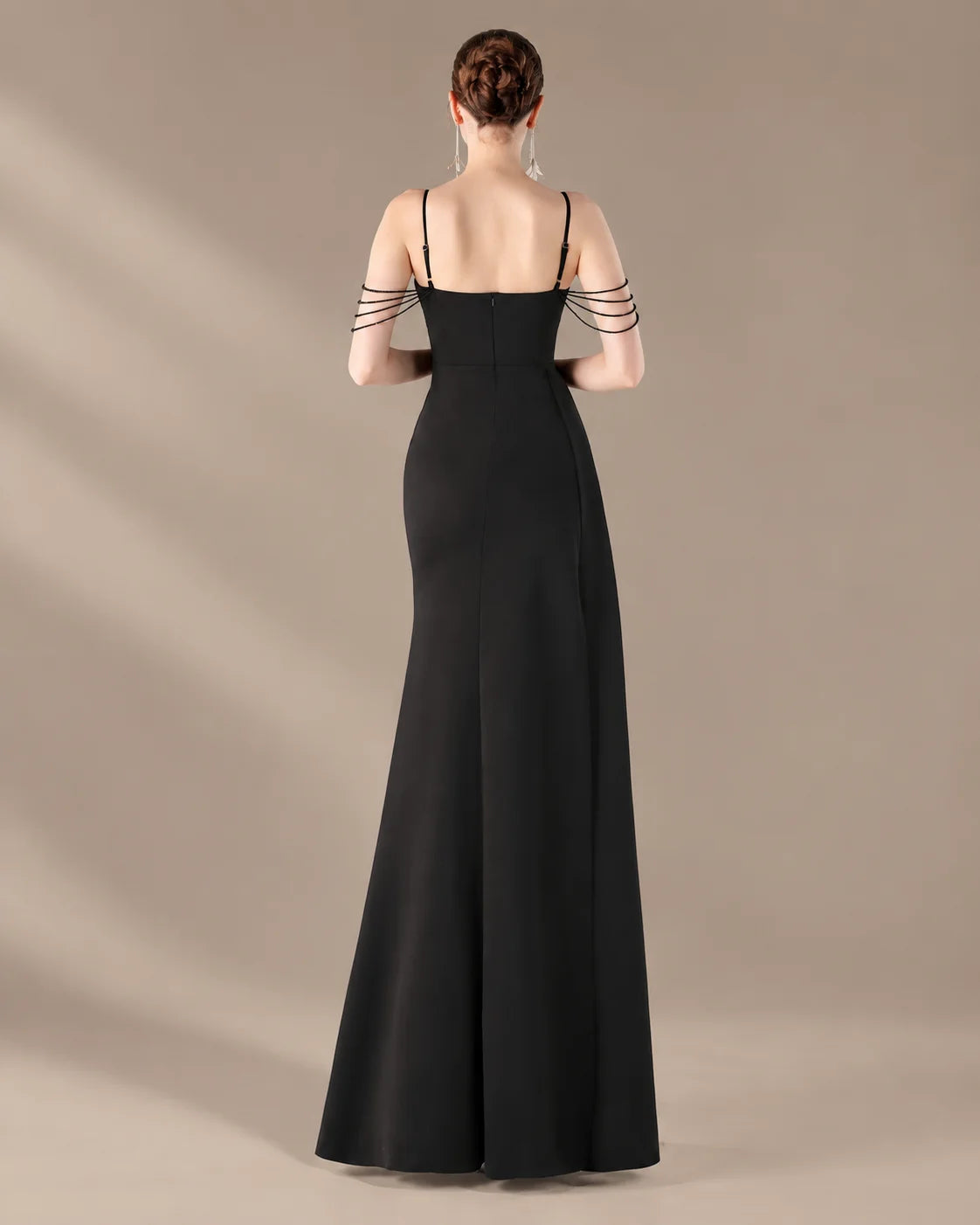 Spaghetti Strap Beaded Chain Draped Satin Mermaid Gown | Oyese
