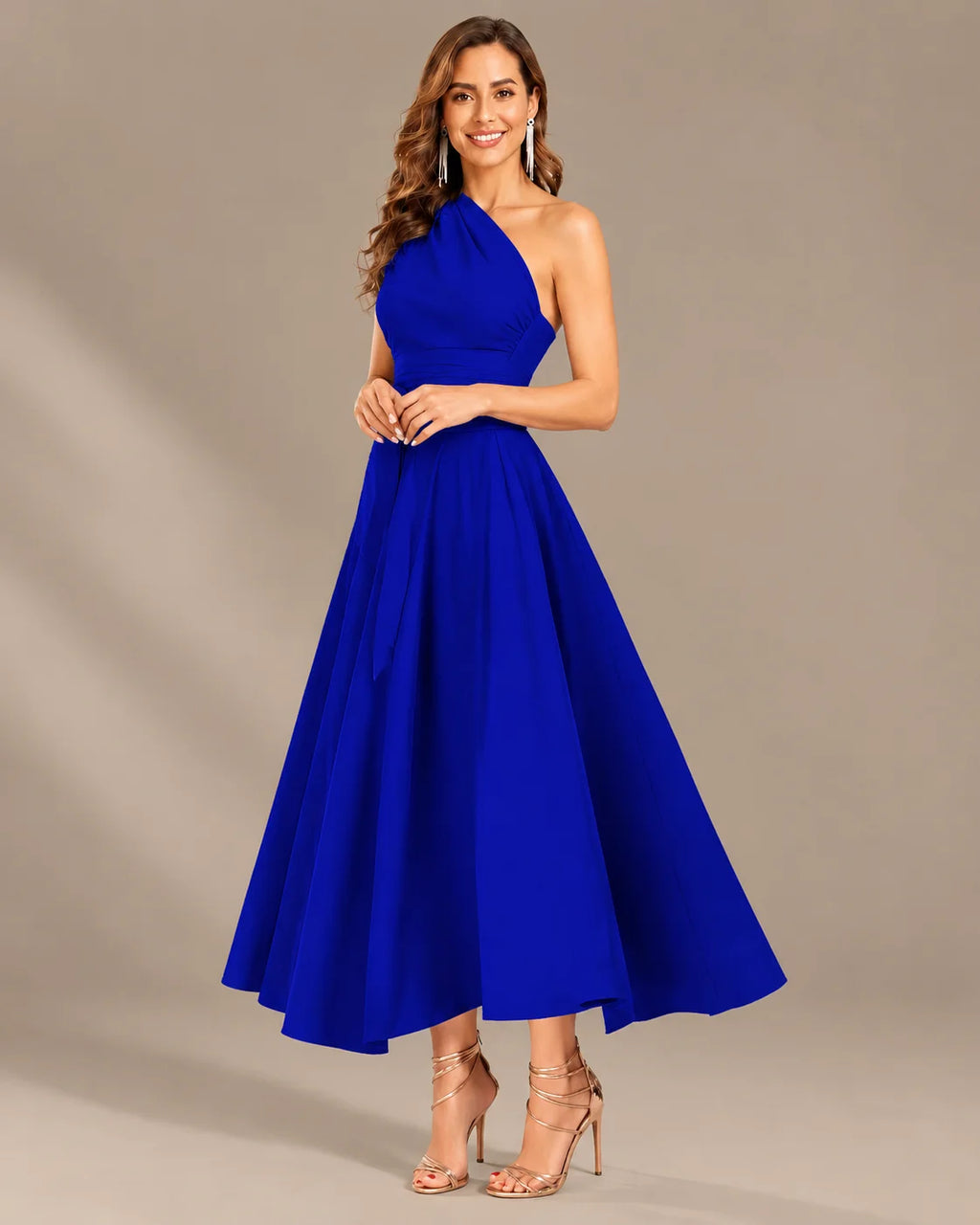 One-Shoulder Cap Sleeve Belted Fit and Flare Midi Dress | Oyese