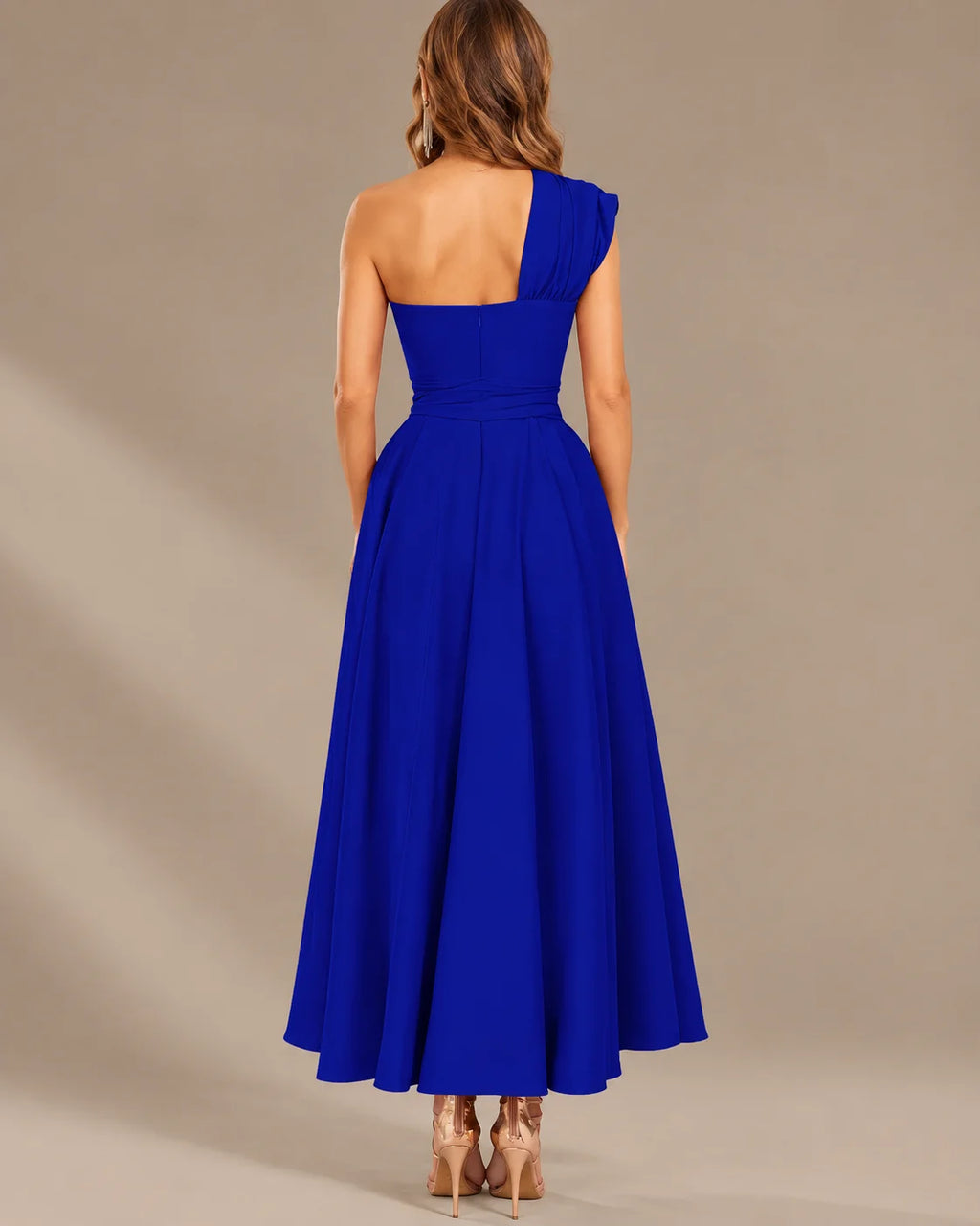One-Shoulder Cap Sleeve Belted Fit and Flare Midi Dress | Oyese