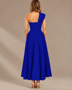 One-Shoulder Cap Sleeve Belted Fit and Flare Midi Dress | Oyese