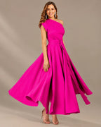 One-Shoulder Cap Sleeve Belted Fit and Flare Midi Dress | Oyese