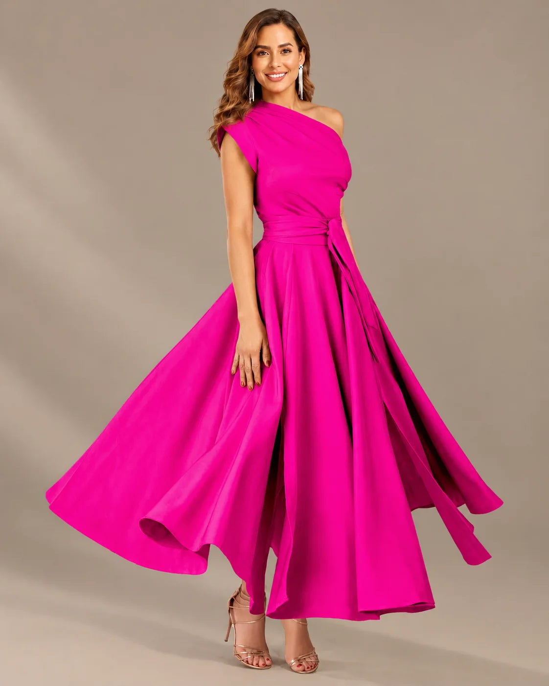 One-Shoulder Cap Sleeve Belted Fit and Flare Midi Dress | Oyese