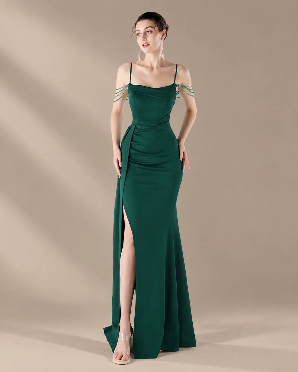 Spaghetti Strap Beaded Chain Draped Satin Mermaid Gown | Oyese