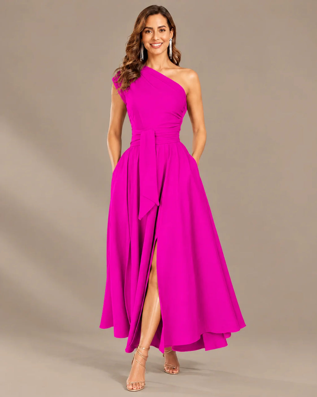 One-Shoulder Cap Sleeve Belted Fit and Flare Midi Dress | Oyese